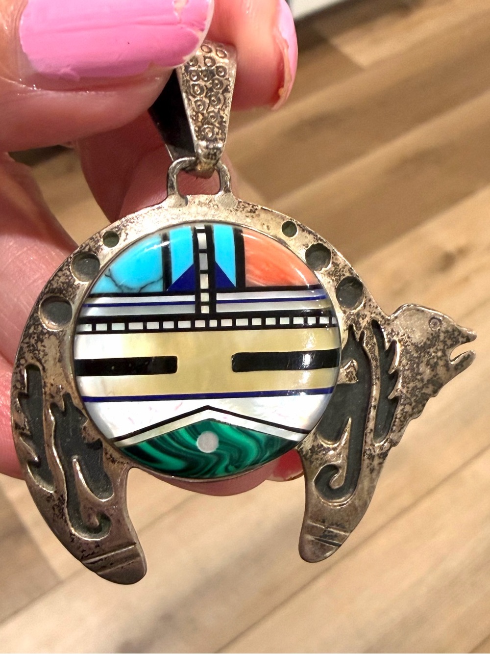 Signed Navajo Brenda Pete BP Sterling Silver Inlay Bear Pendant 17.8g